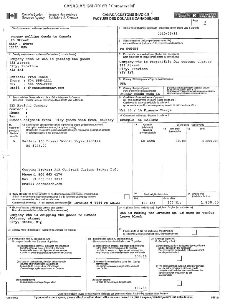 fill in template commercial invoice for canada